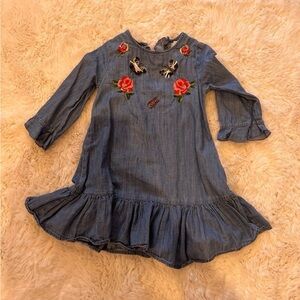 Zara Blue Kids Dress with Floral Embroidery
